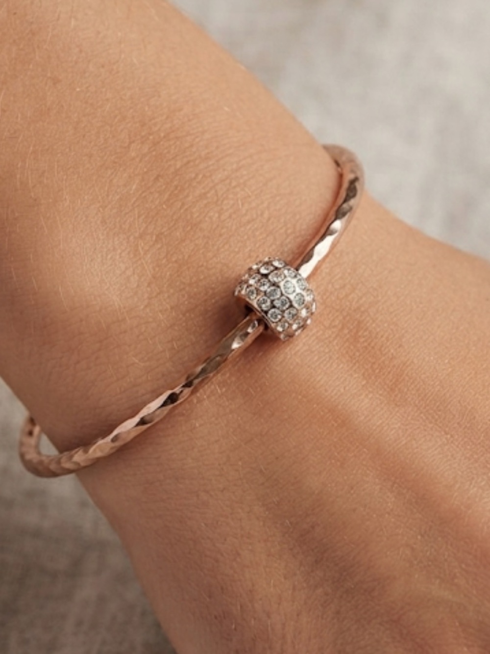 Rose Gold Crystal Accent Hammered Bangle Bracelet